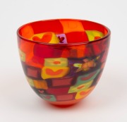 TRISHA ALLAN orange patchwork marines Australian art glass vase, incised signature to base, 12cm high, 14cm wide - 2