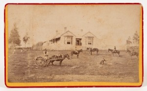 Circa 1880&nbsp;carte-de-visite&nbsp;size albumen paper print laid down on backing card, depicting four men on horseback, a man on a horse & cart, a man kneeling with a dog, all in front of a new(?) home, with the ladies posing on the front verandah.&nbsp;Overall 61 x 1