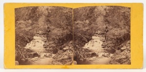 Photographer unknown; circa 1868 stereoview albumen paper prints laid down on a yellow card; verso with manuscript "Tasmania. Kangaroo Bottom Rivulet" depicting a top-hatted gentleman near a log he has used to cross over the creek. Overall 83 x 173mm.&nbsp;The
