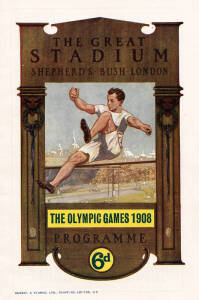 "Olympic Games of London, 1908. IV International Olympiad. Programme. Programme of Eighth Day, Tuesday, July 21st, 1908" with athletics, swimming, fencing, wrestling; plus music and fireworks. Good condition (some adherance to back cover).