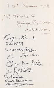 REALITIES GALLERY "A TRIBUTE TO GEORGE BALDESSIN&nbsp;EXHIBITION" 1st November 1978, gallery guest book, signed by many notable people and artists, some with additional sketches. Of note CLIFTON PUGH, ROGER KEMP, FRED WILLIAMS plus many more including a cartoo