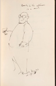 REALITIES GALLERY "ROGER KEMP EXHIBITION" 3rd May&nbsp;1976, gallery guest book, signed by many notable people and artists, some with additional sketches. Of note a full page ink sketch by RUSSELL DRYSDALE titled "Brandy in the afternoon is a must" signed lowe