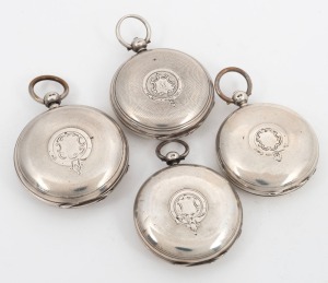 Four SOUTH AUSTRALIAN retailed antique sterling silver cased pocket watches comprising of J.M. WENDT&nbsp;of Adelaide & Mt Gambier, STEVENSON BROS. of Adelaide, J. BROCKMANN of Jamestown & Orroroo, and V.E. NESBIT of Laura, 19th century, the largest 7.3cm high