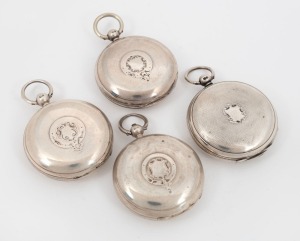 Four NEW ZEALAND retailed antique sterling silver cased pocket watches comprising of V. JENSEN of Napier, R.W. SARGENT of Hawera, W. RICKETTS of Oamaru, and GILBERT BROS. of Greymouth,&nbsp;19th century, the largest 7cm high including bow.