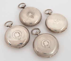 Four MELBOURNE retailed antique sterling silver cased pocket watches comprising of THOMAS GAUNT, H.J. HERBERT, A. MACROW & SON, and J.D. COCHRANE of Brighton (two doors from the railway station),&nbsp;19th century, the largest 7cm high including bow.