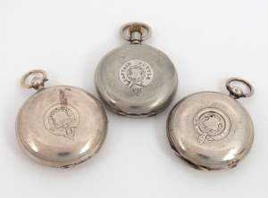 Three NEW SOUTH WALES retailed antique sterling silver cased pocket watches comprising of E. CASPERSO of Tumut, J. SYMINGTON of Junee, and F. LASSETTER & Co. of Sydney,&nbsp;19th century, the largest 7cm high including bow.