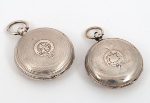 Two VICTORIAN retailed antique sterling silver cased pocket watches comprising of GEORGE BRADLEY & SON of Geelong, and C. ZAHRENGER&nbsp;of Sandhurst (Bendigo),&nbsp;19th century, the largest 7cm high including bow.
