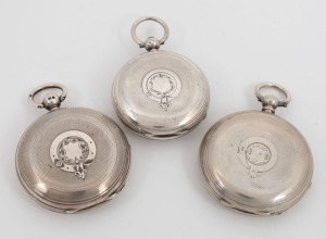 Three antique sterling silver cased pocket watches with Victorian inscriptions including Beaufort state school, La Trobe, and Bendigo interest,&nbsp;19th century, the largest 7cm high including bow.