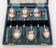 Six assorted sterling silver and New Zealand greenstone teaspoons with kiwi and Tiki decoration, 19th/20th century, 11cm and 12cm long. - 2