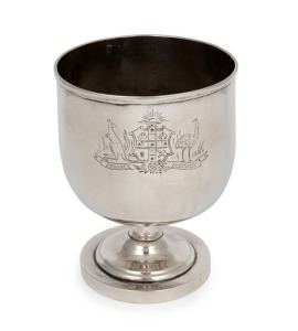 80 · An Australian silver chalice with engraved coat of arms, circa 1900, maker's marks illegible, 14cm high, 12cm wide, 265 grams