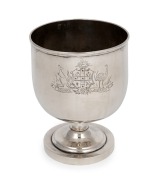 An Australian silver chalice with engraved coat of arms, circa 1900, maker's marks illegible, 14cm high, 12cm wide, 265 grams