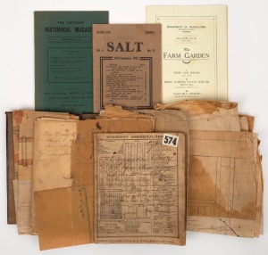 EPHEMERA: Early engineering notes and drawings, some from the 1840s, the Victorian Historical Magazine Dec.1914 edition, The Farm Garden Bulletin No.60 of 1929, "Salt" Australian Army Journal for Sept. 1942., etc.