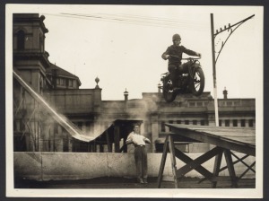 Nine c. 1940s press agency photographs, featuring the 1947 Caulfield Cup, Daredevil Curtis motorcycle jump at the Melbourne Exhibition Speedway, Australian Alps search and rescue volunteers in action, French Island koala colony transfer to Healesville, an