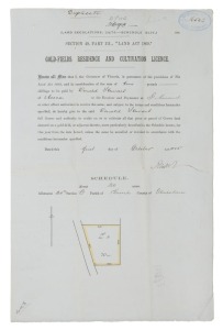 VICTORIAN GOLDFIELDS: An October 1885 "GOLD-FIELDS RESIDENCE AND CULTIVATION LICENCE" for 20 acres in the Parish of Koorch in the County of Gladstone, to be leased to DONALD STEWART of Avoca for £2 per annum.