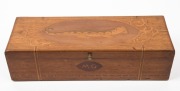 New Zealand folk art box with marquetry Taniwha top and ownership monogram "M. G.", 19th/20th century, 9cm high, 33cm wide, 12cm deep
