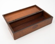 New Zealand folk art box with marquetry Taniwha top and ownership monogram "M. G.", 19th/20th century, 9cm high, 33cm wide, 12cm deep - 2
