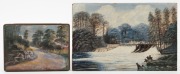 ARTIST UNKNOWN, two folk art landscape paintings on card and one a tobacco tin, 19th/20th century, (3 items), the larger 15.5 x 23.5cm