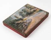 ARTIST UNKNOWN, two folk art landscape paintings on card and one a tobacco tin, 19th/20th century, (3 items), the larger 15.5 x 23.5cm - 2