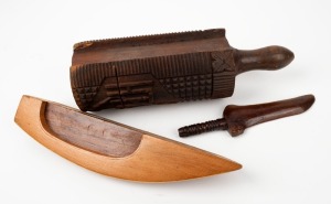 A half model boat hull, a folk art paper knife and a "SUNNY SOUTH" timber rolling pin with Australian map (missing handle), 19th/20th century, (3 items), the hull 33cm long