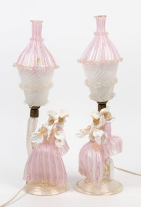 A pair of vintage latticino&nbsp;Murano glass figural table lamps with shades, circa 1950s, 46cm high