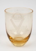AUSTRALIAN COMMONWEALTH MILITARY FORCES tinted glass vase, decorated with rising sun motif and a large "V" for victory, circa 1945, etched initials "B.S.C." to reverse, 16cm high - 2