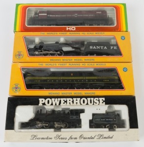 MEHANO: Group of three HO scale locomotives in original boxes; also a POWERHOUSE HO scale "Little River" #126 steam locomotive with tender, in box. (4 locos).