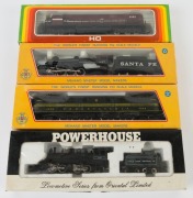 MEHANO: Group of three HO scale locomotives in original boxes; also a POWERHOUSE HO scale "Little River" #126 steam locomotive with tender, in box. (4 locos).