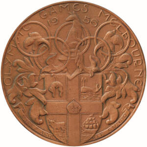 1956 Melbourne Participation Medal, in bronze, designed by Andor Mezaros, minted by K.G.Luke in Melbourne, 63mm diameter.