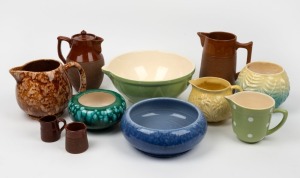 378 · FOWLER blue glazed pottery bowl and four brown glazed pottery jugs, DIANA green glazed jug and mixing bowl; together with a mottled glazed pottery jug, two vases and a flannel flower jug, (11 items), the mixing bowl 28cm wide