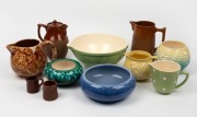FOWLER blue glazed pottery bowl and four brown glazed pottery jugs, DIANA green glazed jug and mixing bowl; together with a mottled glazed pottery jug, two vases and a flannel flower jug, (11 items), the mixing bowl 28cm wide