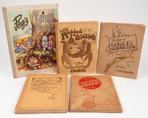[ILLUSTRATED CHILDREN'S BOOKS]"Little Ragged Blossom" by May Gibbs [1937]; "Little Obelia and Further Adventures of Ragged Blossom Snugglepot & Cuddlepie" by May Gibbs [1938]; "The Tale of Christopher Cricket" by Gilmore [1946]; "The Tale of Gregory Grass