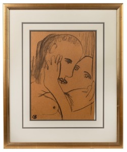CHARLES BLACKMAN (1928-2018), (the kiss), charcoal on paper, initialled lower left "C. B.", ​​​​​​​38 x 27cm, 60.5 x 50cm overall