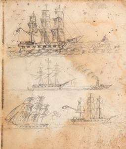 An antique sketchbook in somewhat dilapidated state with numerous pencil drawings, mostly English but with a small selection of Australian related material, 19th century, 20 x 17cm overall.