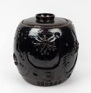 350 · JOHN GILBERT large pottery bread crock lidded jar,