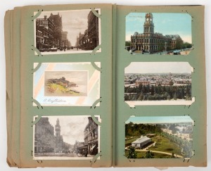 POSTCARD collection housed in an early 20th century blue cloth album, themes include Olinda and Dandenong ranges, Daylesford, Melbourne, military themes, etc, inspection will reward.