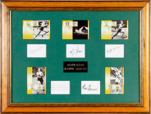 "AUSTRALIAN OLYMPIC LEGENDS" display comprising signed cards by Shirley Strickland, Murray Rose, Betty Cuthbert, Marjorie Jackson & Herb Elliott, window mounted with appropriate Australia Post First Day Covers, framed & glazed, overall 78x60cm. Limited ed