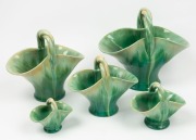 REMUED&nbsp;graduated set of five green glazed basket vases, ranging in size from 9cm to 26cm high.