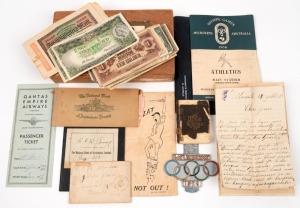 Melbourne Olympics car badge and program, assorted banknotes, antique documents and letters, housed in a vintage cigar box, (qty)