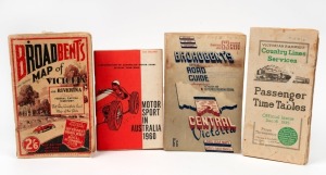"MOTOR SPORT IN AUSTRALIA 1960" five shilling publication, Victorian Railways "COUNTRY LINES SERVICES Passenger Time Table" circa 1935, and two vintage "BROADBENT'S" road guides, (4 items)