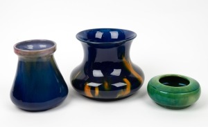 260 · McHUGH blue and yellow glazed pottery vase; together with a McHUGH green glazed pottery bowl and a REMUED blue and pink glazed pottery vase, (3 items), the largest 15.5cm high