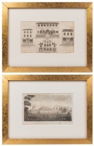 Two early Sydney views: "Regentville, the Seat of Sir John Jamison" engraved by William Wilson (1838); and, Four Banks (Commercial, New South Wales, Australia, and, Australasia) engraved on one sheet by J. Maclehose, Sydney; both framed and glazed, each 2
