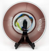JULIO SANTOS Australian exhibition art glass charger with acid etched cameo Illawarra flame tree decoration, engraved "J. Santos, 1980", 52cm diameter