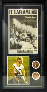 BETTY CUTHBERT, display comprising signed picture, window mounted with newspaper page from 1956 Olympics, framed & glazed, overall 45x83cm.