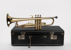 CLINTON brass trumpet in travel case, the case 52cm wide