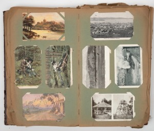 Postcard album (dilapidated) with large range of cards including Australian themes, starlets and novelty cards etc, of note a nice range focusing on Castlemaine,&nbsp;(Victoria) New Zealand exhibition, Dandenong Ranges, Australian country towns, inspection wil