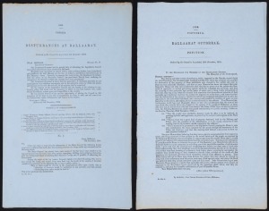 EUREKA REBELLION: a&nbsp;Victorian&nbsp;Government 'Blue Paper' Report titled 'Disturbances at Ballaarat'. Lieutenant Governor Hotham 'has the painful duty of informing the Legislative Council that serious disturbances have occurred at Ballaarat...' dated 5 Decembe