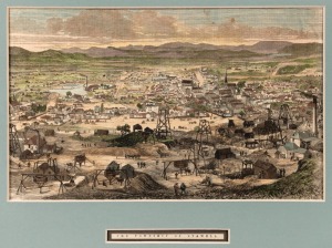 ALBERT CHARLES COOKE (1836-1902),THE TOWNSHIP OF STAWELL, a very detailed panoramic hand-coloured engraving, published in 1876 by The Illustrated Australian News. Wonderful details of mining activities in the foreground; initialled "A.C." in the plate at 