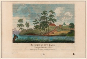 WILSON LOWRY (1762 - 1824), Saunderson's Farm, Looking down the River, hand-coloured copper engraving, 1798, from "An Account of the English Colony in New South Wales" by David Collins, image 8 x 13cm (with full page still intact).