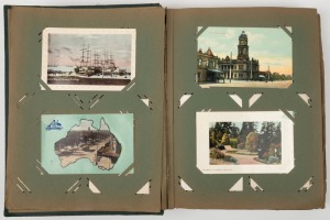 An old-time postcard album containing a diverse collection; mostly Australian subjects with Geelong, Bendigo, Healesville, Melbourne, Adelaide, Christchurch, Bluff and other South Island scenes, Perth, Busselton, Tasmania, some foreign, etc. (200+).