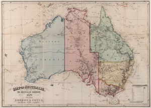 "MAP OF AUSTRALIA issued with The Australian Handbook for 1876", [Melbourne : Gordon & Gotch], hand coloured, image 53 x 75cm.